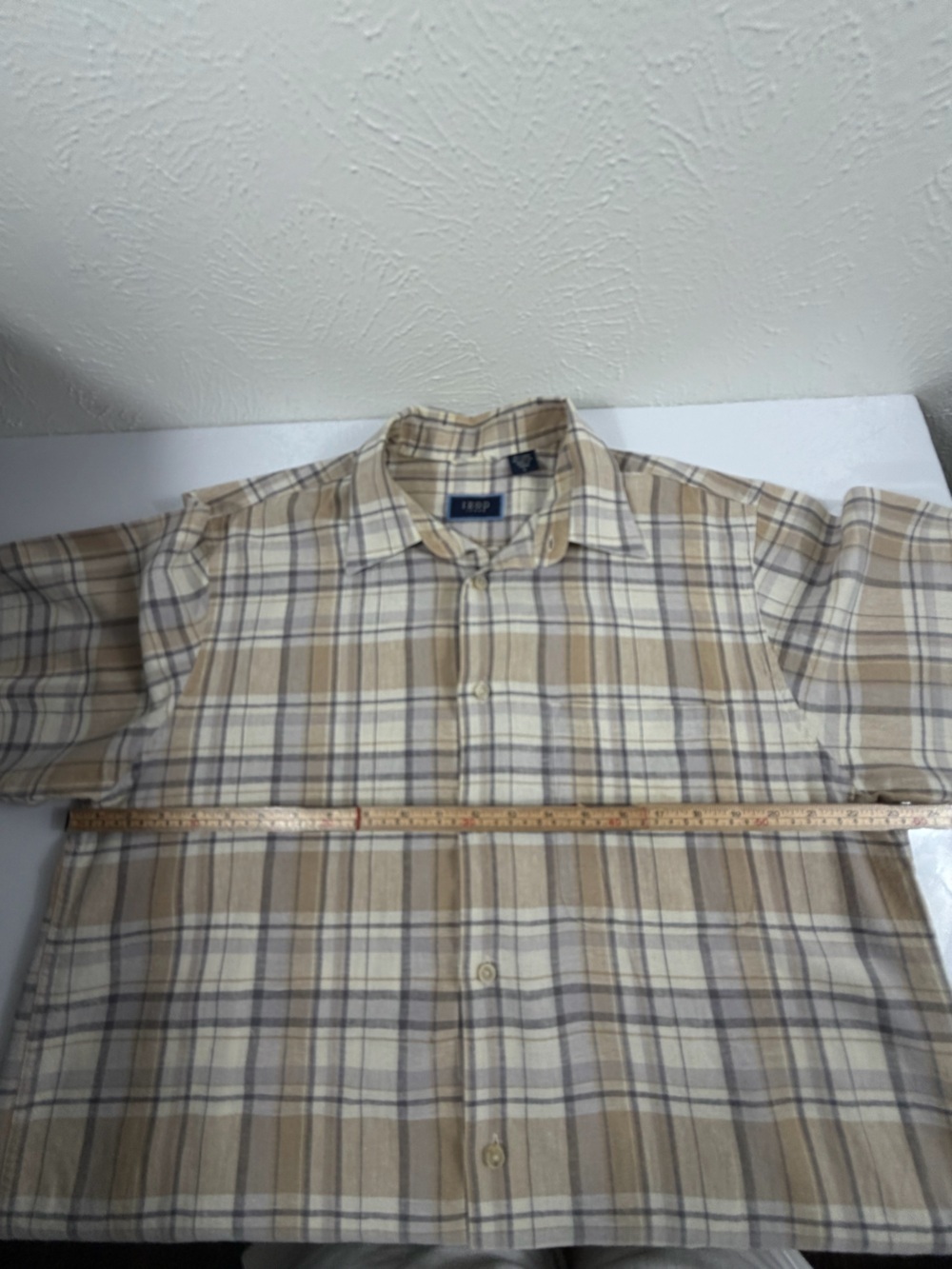 IZOD Jeans Men’s Plaid Short Sleeve Linen Cotton Shirt Size L Beige Tan - Picture 8 of 8